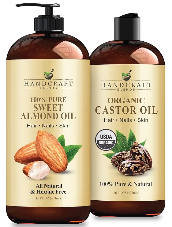 Handcraft Blends Deep Nourish Set: Organic Castor Oil and Sweet Almond Oil (2 x 16 Fl Oz) 100% Pure & Natural Premium Carrier Oils for Dry Skin and Hair