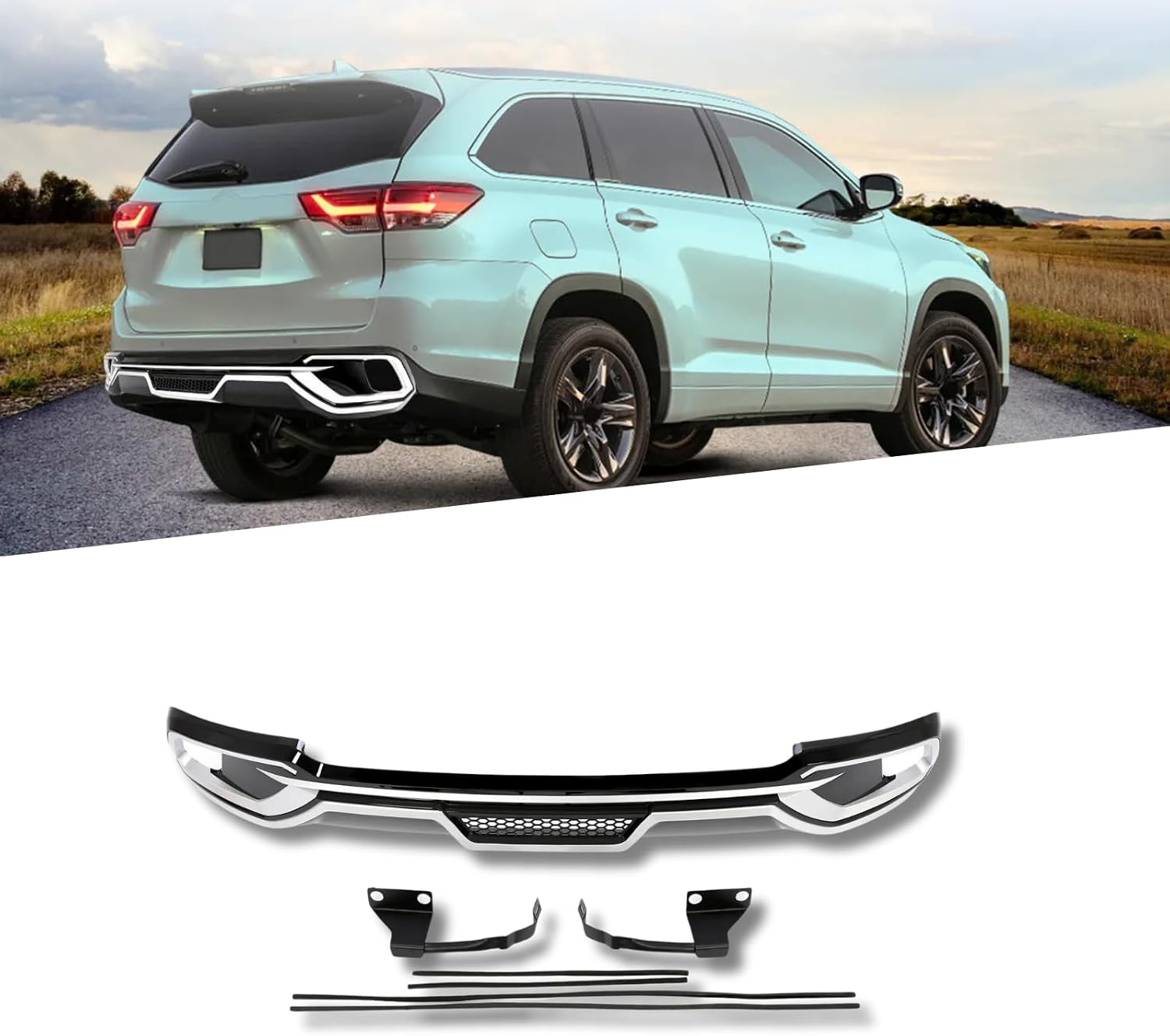 Rear Bumper Lip Diffuser Spoiler Guard Cover Compatible with Toyota Highlander 2017 2018 2019 Models, Chrome Trim with Black