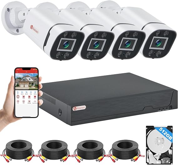 Wired Security Camera System, 4X 5MP Camera, 8CH DVR with 512GB HDD | Surveillance CCTV with Human Vehicle Detection, Remote Access, IP68 Waterproof, Indoor Outdoor Use, for 24-7 Recording
