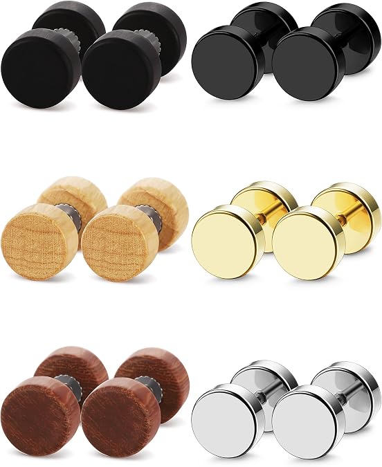 FIBO STEEL 6 Pairs Stud Earrings for Men Women - Flat Back Ear Piercing Ear Plugs Tunnel Fake Gauge Earrings 18G