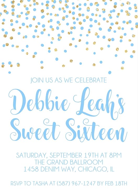 Blue Sweet 16 Party Invitations, Sweet Sixteen Birfthday Invites (Pastel Blue Confetti)