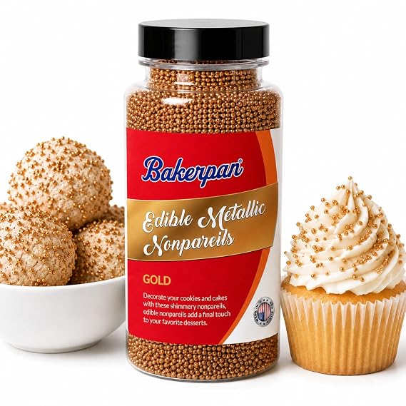 Bakerpan Edible Gold Nonpareils Sprinkles 5.1 oz - Gold Sprinkles for Cake Decorating, Cupcakes, Cookies, Birthdays & Weddings | Kosher, Gluten-Free, Made in USA