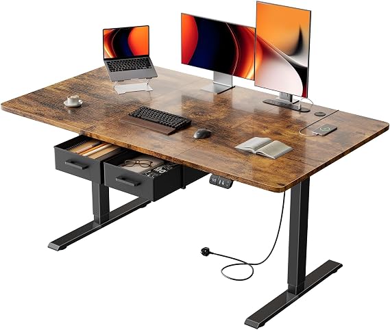 140x80cm Electric Standing Desk, 2 Drawers, Power Outlet