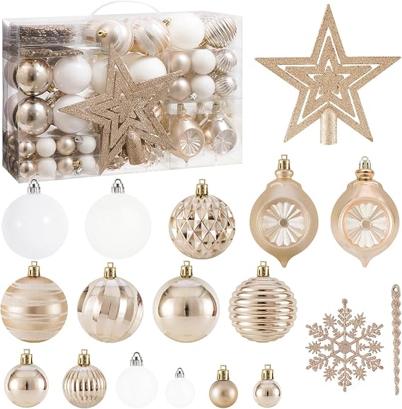 100PCS Christmas Tree Balls Ornaments Set with Topper, Champagne+White Shatterproof Hanging Christmas Tree Decorations