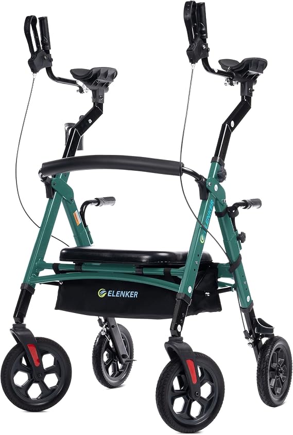 ELENKER All Terrain Heavy Duty Upright Rollator Walker for Seniors, Green | Extra Wide Padded Seat, 10" PU Wheels, Support 500lbs, Adjustable Seat & Handle Height, Storage Box, Aluminum Frame