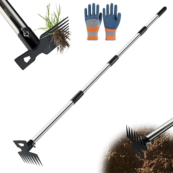 Weed Puller Tool with Long Handle, 150cm Weed Remover Gardening Tools, 2 in 1 8-tooth Manual Weed Rake and Garden Hoe, Heavy Duty Uprooting Weeding Pull for Yard, Lawn, Patio and Garden ﻿