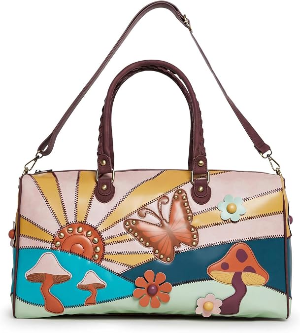 Dolls Kill Walking On Sunshine Weekender Bag by Current Mood Vegan Leather Duffle with Sunset Mushroom Print & Embroidered Details, One Size