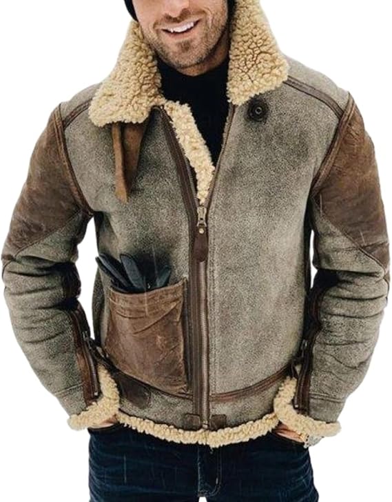 JEShifangjiusu Winter Fuzzy Sherpa Leather Coat for Men Warm Thicken Bomber Overcoat Aviator Jacket with Fur Collar