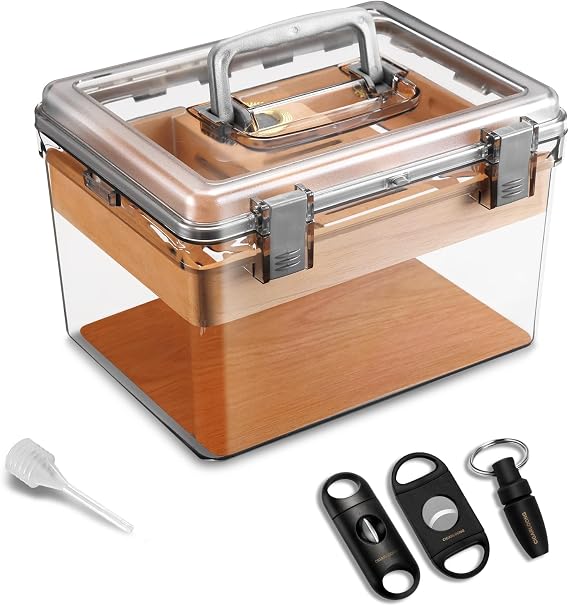 CIGARLOONG Cigar Humidor Transparent Acrylic Cigar Humidor with Humidifier and Hygrometer & 3 Cigar Cutters, Travel Cigar Case Airtight Cigars Container for Cigar Lovers (Small)