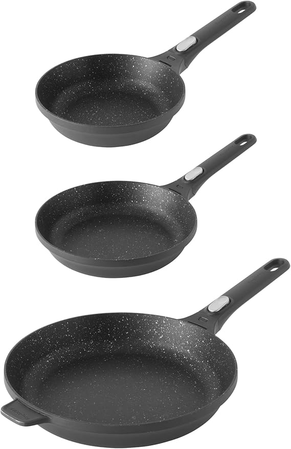 Berghoff GEM Nonstick Cast Aluminum Frying Pan Set, 3Pc Induction Ready | Oven Safe Cookware with Detachable Handle, FernoGreen PFOA Free Coating, Gas & Glass Top Stove Induction Cooktop Fry Pans