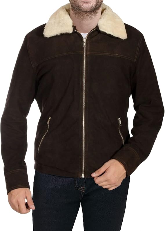 Mens Rick Grimes Jacket - Brown Suede Leather Fur Shearling Collar Bomber Jacket Costume Men