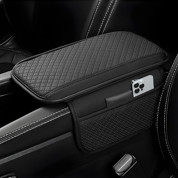 Upgraded Car Armrest Cushion Universal Car Armrest Mats Wear-Resistant Pu Leather Auto Center Console Pad with 2 Side Storage Bags Car Armrest Cover