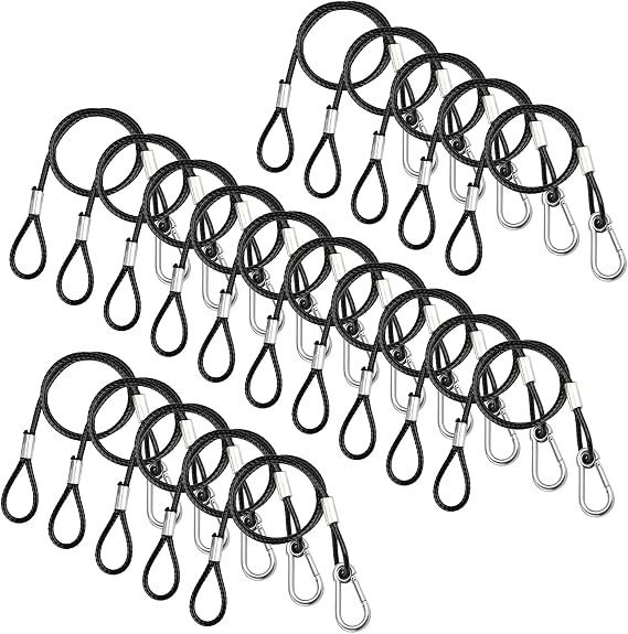 20 PCS 25"(65cm) Safety Cable, Black Coated Braided Stainless Steel Security Rope for DJ Stage Par Light, Max.Load 110 lb, 4mm Diameter