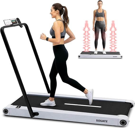 Squatz 2in1 Walking Pad Treadmill with Handlebar & Vibration Plates - Compact Walking Pad with LED Display, Device Holder, Quiet 1.0HP Motor & Remote for Home or Office Fitness