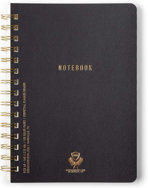 DesignWorks Ink Textured Twin Wire Notebook, Black, 6 x 8.25 in | Daily Planner & Soft Cover Writing Journal, 160 Lined Perforated Pages, Small Spiral Notebook for Work & Journaling