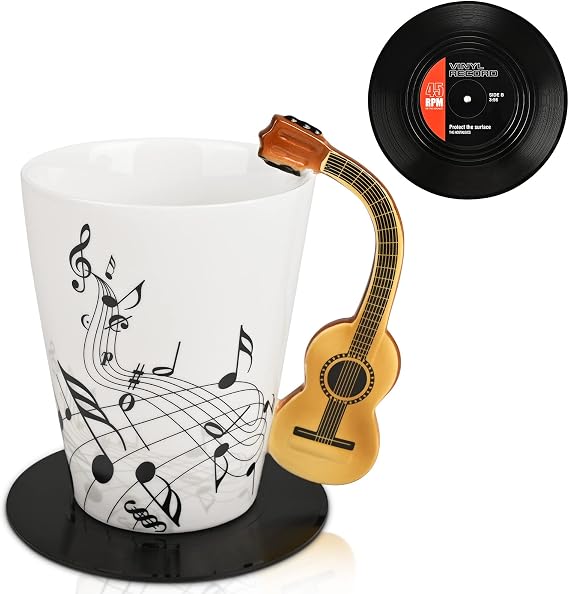 Maustic Guitar Mug, Guitar Gifts for Guitar Players, Music Teacher Gifts, Christmas Birthday Gift for Music Lovers, Ceramic Mug 13 Oz with Vinyl Record Coaster (Acoustic Guitars)