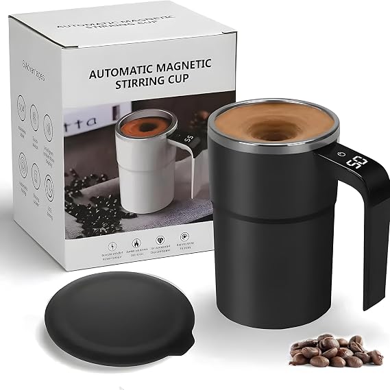 Electric Magnetic Self Stirring Mug with Lid, Automatic Stirring Cup with Digital Display, Rechargeable Self-Mixing Mug for Coffee, Tea, Hot Chocolate (Black)