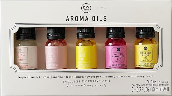 DW Candle Home Gift Set of Aroma Oils, 5 Scented Essential Oils - Tropical Sunset, Rose, Ganache, Fresh Lemon, Sweet Pea Pomegranate, and Wild Honey Nectar, Each 0.3 Fl Oz