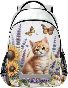 Cat Backpack for Students Boys Girls Ginger Kitten Lavender Flowers School Bag Travel Daypack Rucksack
