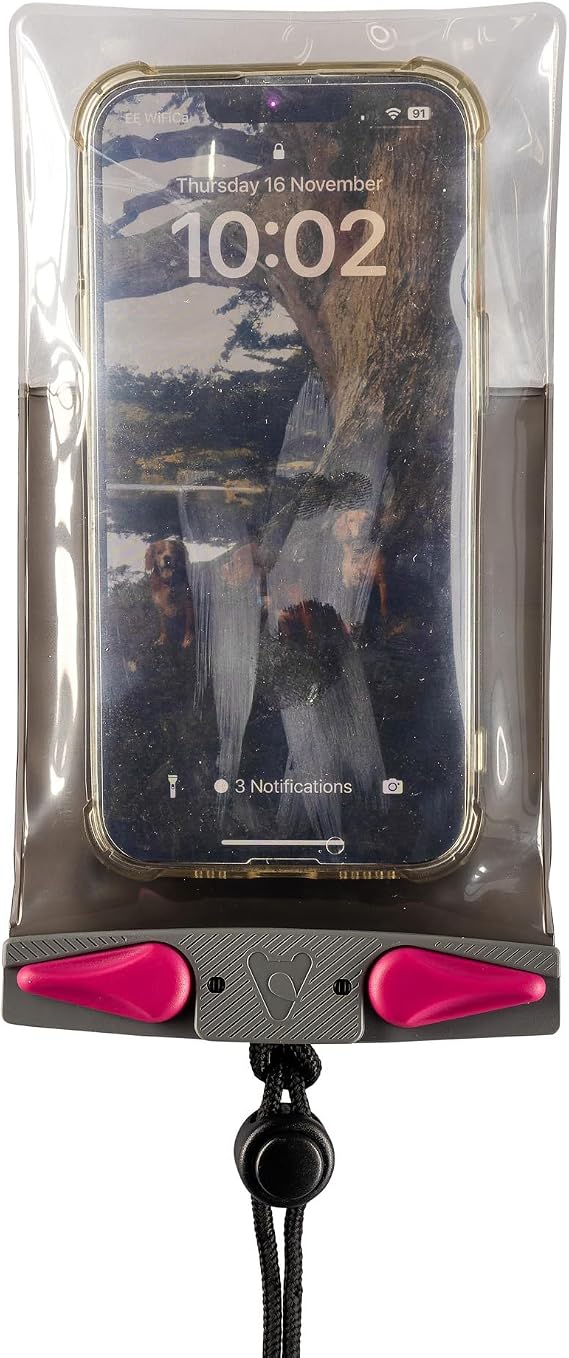 Aquapac Waterproof Phone Case, Lanyard, iPhone and Android, Made in The UK, Hiking, Mountain Biking, Running Accessory, Travel Essential, Eco Friendly, Grey/Pink