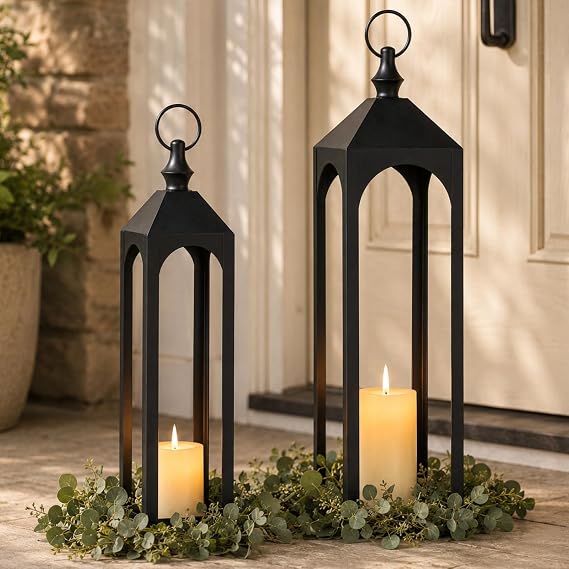 24" & 20" Large Outdoor Floor Lantern, Black Front Porch Decor