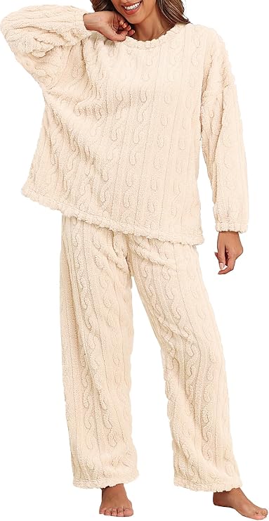 Pajamas for Women Sets Soft Comfy Fluffy Pajama Fleece Pullover Ribbed Pjs Warm Plush Lounge Sleepwear 2 Piece