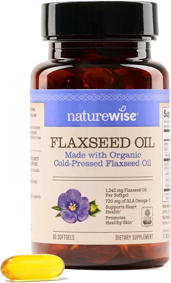 NatureWise Flaxseed Oil 1200 mg, Fish Free Omega 3 6 9 with 720mg ALA - CCOF Certified Organic Flaxseed Oil - Plant Based Omega - Cold Pressed, Non-GMO - 30 Softgels[1-Month Supply]