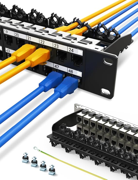 1U48Port Keystone Patch Panel Cat6A Keystone Patch Panel Shielded with Cable(No Cable Tie Required) Management for 19inch Rackmount