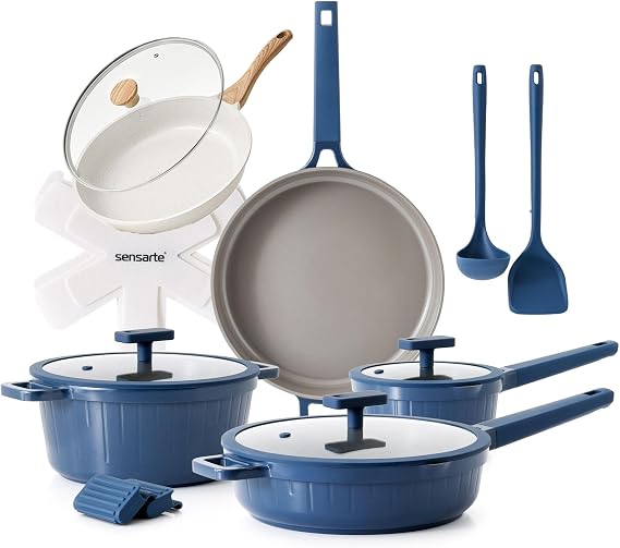 SENSARTE Ceramic Nonstick Cookware Set 15 Piece, includes 11 Inch Omelet Pan with Lid, Induction Compatible Frying Pan Skillet