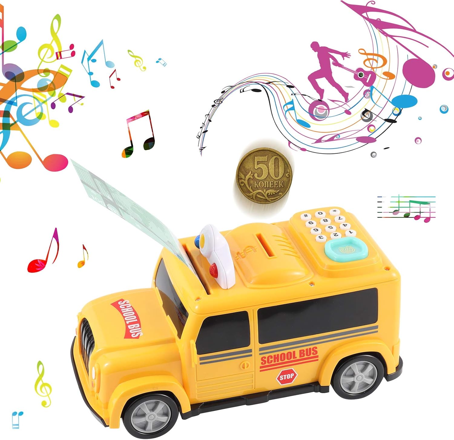 Kids Money Car Piggy Banks, Global-Store Early Learning Educational Kids Toy, Electronic Car Armored ATM Coin Bank, Kids Money Bank Toy with Fingerprint Password, Light & Music