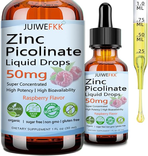 Zinc Picolinate 50mg Liquid Drops, Chelated Zinc Supplements for Men Women Kids Support Immune Skin Eye Health & Enzyme Function, Liquid Zinc Raspberry Flavor, Vegan Non GMO Gluten Free, 30 Servings