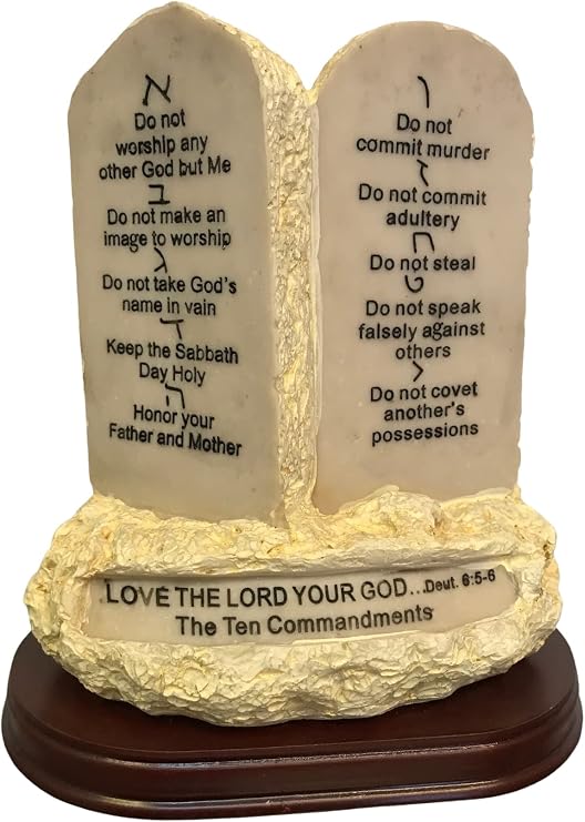 Ten Commandments Tabletop Stone Replica - Resin, 7in | Resin stone look, 2in thick, 5in wide, Deut. 6:5 banner, tabletop or wall decor, 10 Commandments scripture display