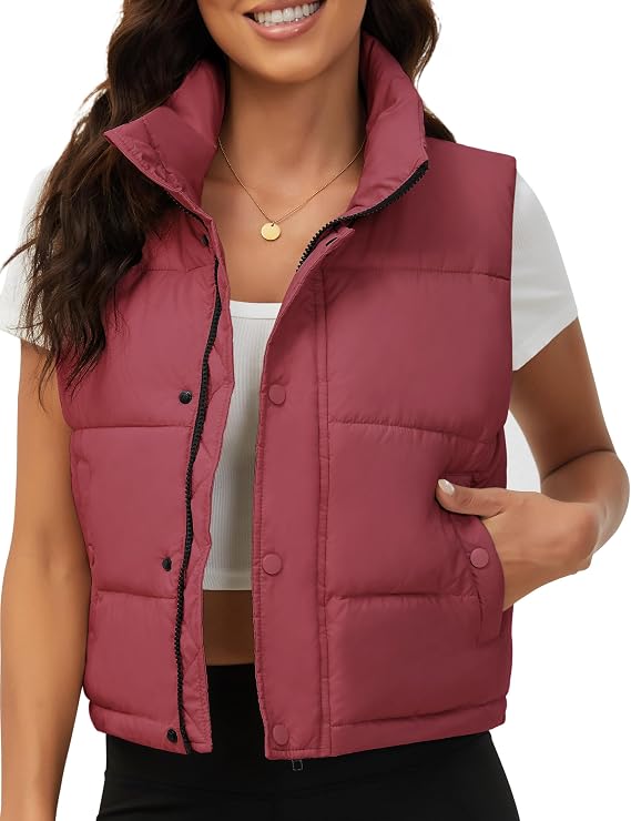 Puffer Vest Women Fall Cropped Vests Padded Coat Winter Outerwear | Lightweight Quilted Womens Vests Sleeveless Stand Collar Button Down Zip Up Gilet Jackets with Pockets Trendy 2026 Clothing