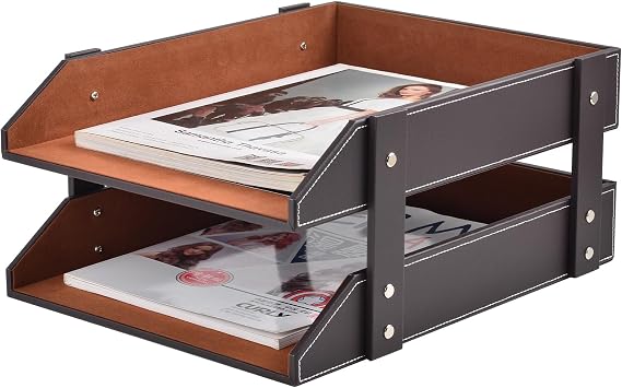 Leather Letter Tray,Stackable Desk Trays Organizer,Office Supplies Tray Holder for Document,Stationery,Magazines,Newspapers,Letters Perfect Office Desktop Organization,Brown