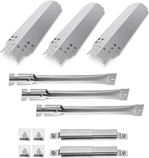 Set of Three Gas Grill Burners, Heat Plates and Two Crossover Tube Replacement for Char-Broil Classic 280 2-Burner, 360 3-Burner, 405 4-Burner Liquid Propane, G320-0200-W1, G215-0203-W