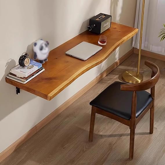 Industrial Wall Mounted Folding Bar Table with 2-Inch Thick Solid Pine Wood, Live Edge Floating Desk for Small Spaces, Rustic Fold Down Workbench for Kitchen(31.5" L x 17.7" W)