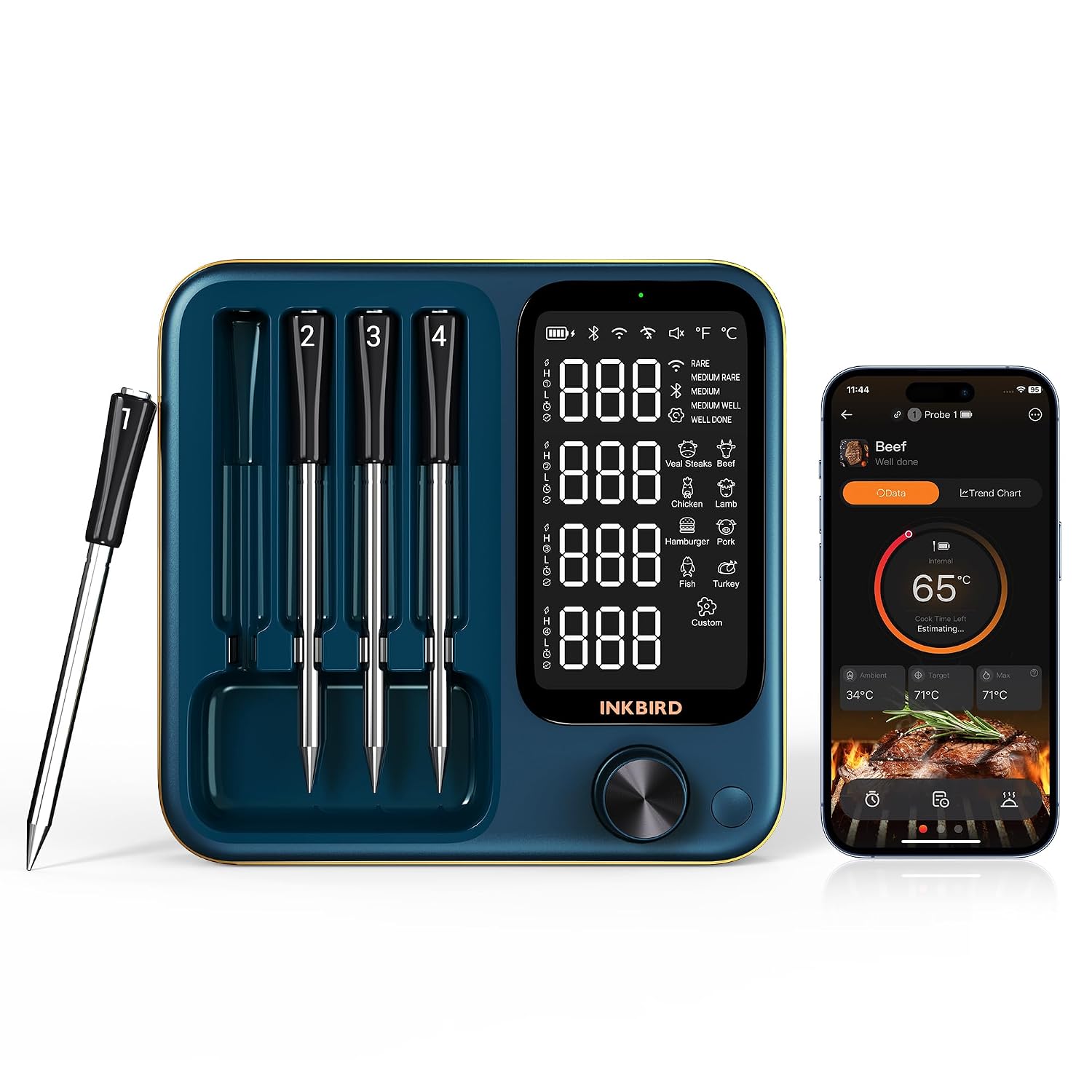 INKBIRD Meat Thermometer with 4 Multi-sensor Probes, Wireless Meat Thermometer with NIST Accredited Accuracy, Apple Watch Monitor, Temperature Alarms, Smart Meat Thermometer for BBQ, Grill, Oven