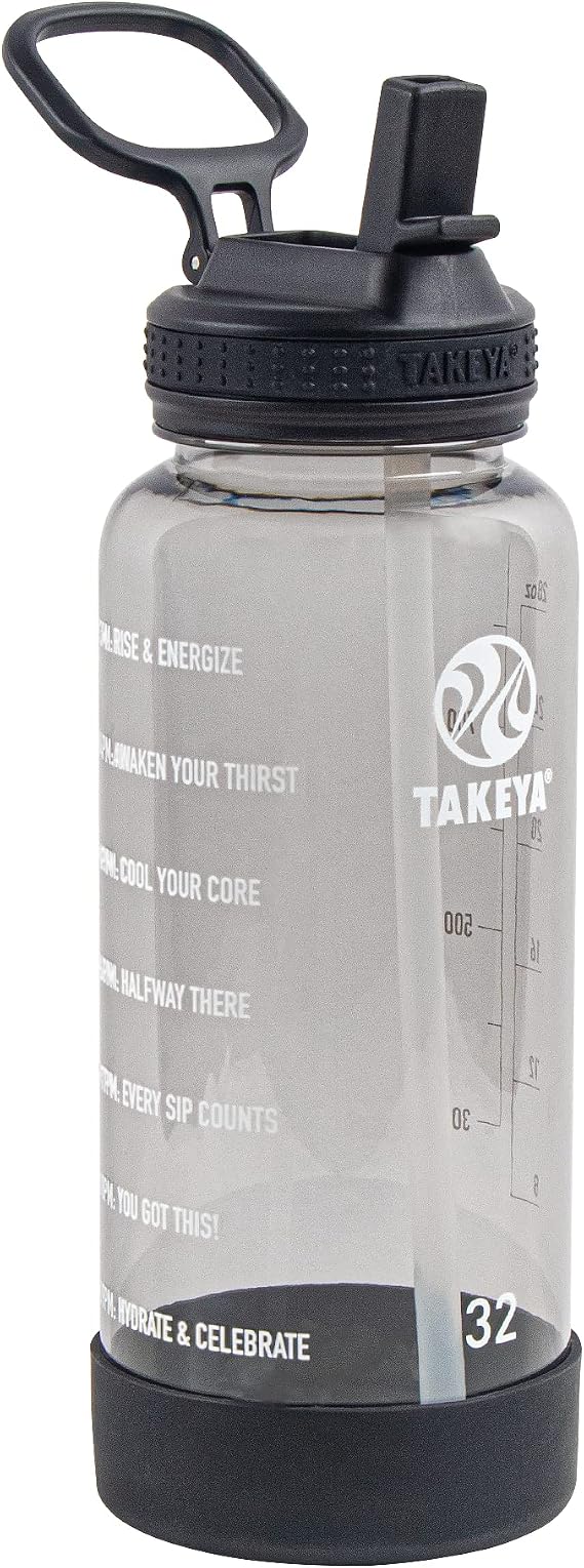 Takeya Motivational Water Bottle with Straw Lid and Time Marker (32 oz, Stormy Black) - Leakproof, BPA Free Water Bottle for Daily Intake Tracking