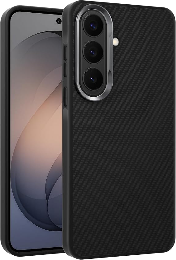 Teknoft Samsung Galaxy S26 için Karbon Serisi Şok Emici Ultra Güçlü Metalik Tuşlu ve Lens Çerçeveli Darbe Emici Karbon Fiber Görünümlü Silikon Kılıf (Siyah, Galaxy S26)