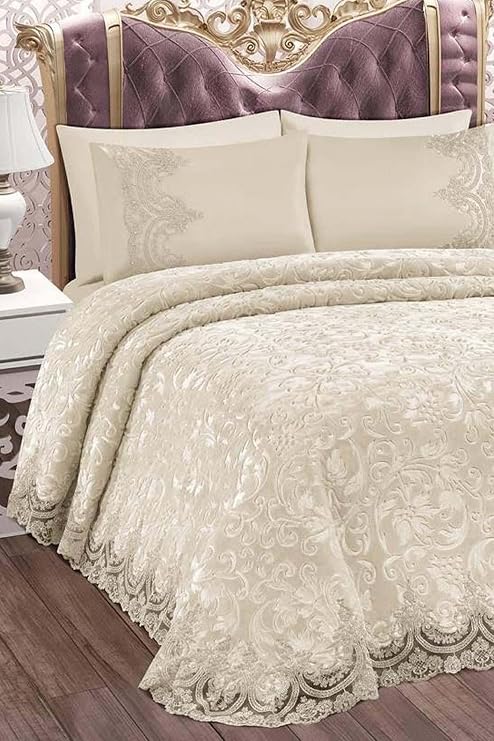 French Lace Double Cream Blanket Set Dowry Bed Cover Set