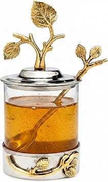Godinger Elegant Leaf Jam & Honey Jar with Spoon Stylish Stainless Steel & Glass Dish For Condiments, Sugar & Spreads Decorative Serveware for Breakfast, Tea, Entertaining & Housewarming Gifts