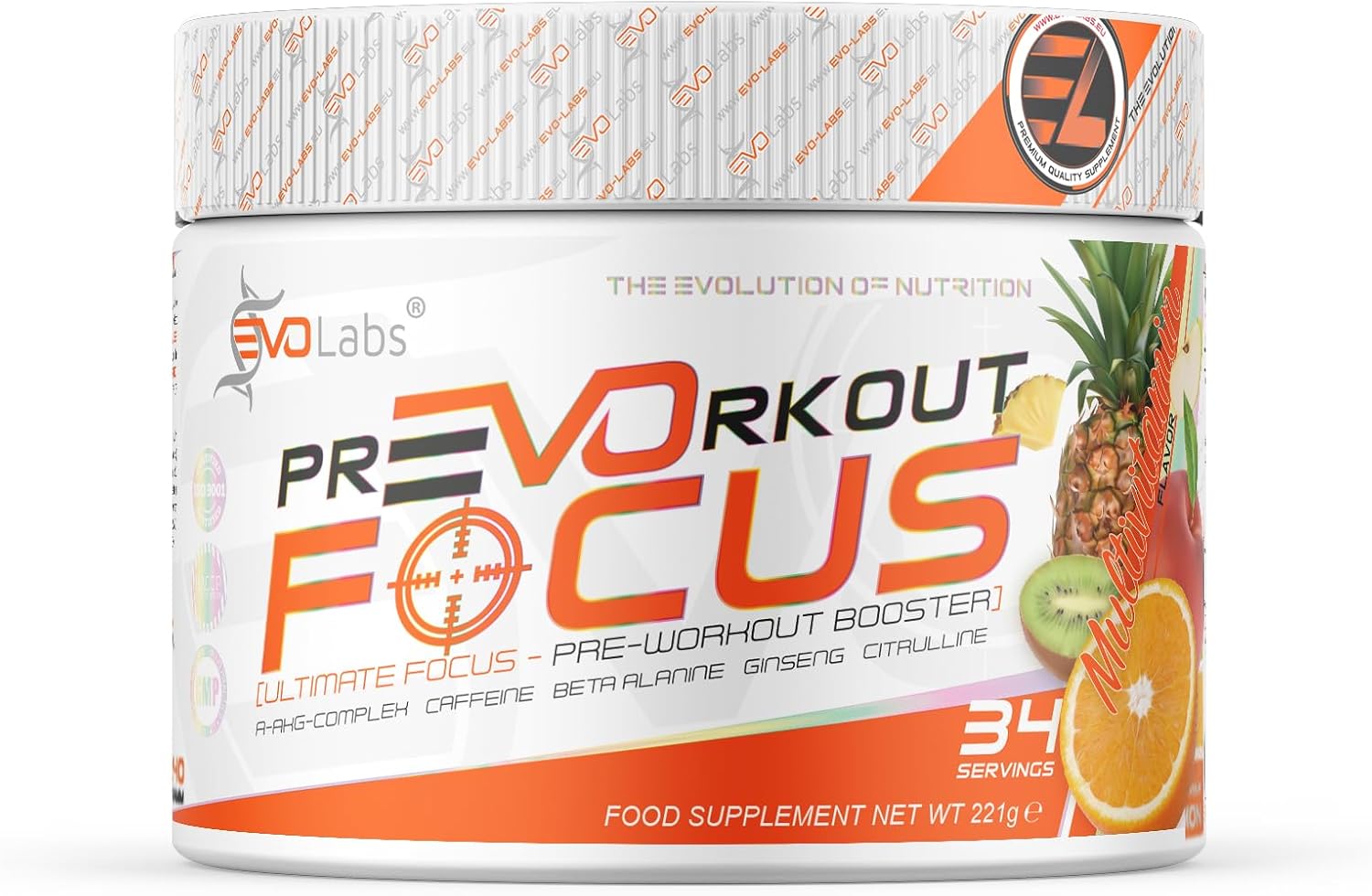 EVOLabs PrEVOrkout Focus 221 g of the ultimate pre-workout booster focus non-stop multivitamin