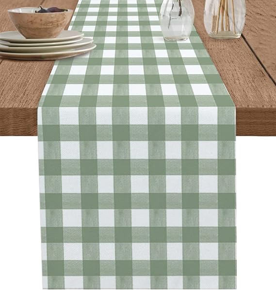 Sage Green Table Runner 60 Inches Long Cotton Linen Tablerunner Dresser Scarves, Country French Rustic Buffalo Plaid Check Burlap Kitchen Dinner Cafe Table Runners Table Decor for Coffee/Party/Wedding