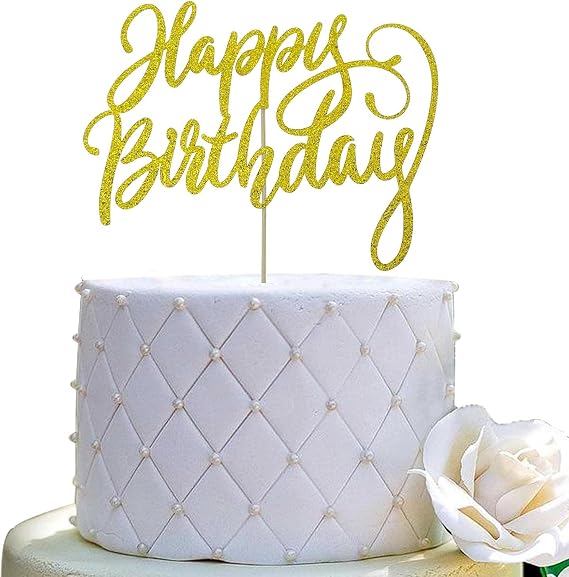 Happy Birthday Cake Topper - Birthday Party Decorations Supplies, Double Sided Gold Glitter