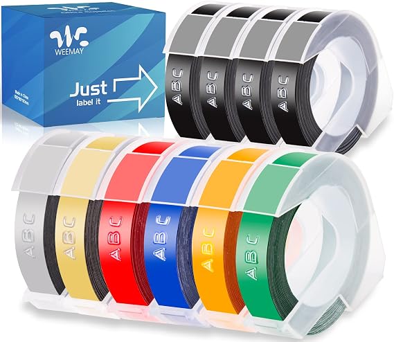 Weemay 10 Pack 3/8 Embossing Tape Compatible for Dymo 3D 9mm Plastic Tape | Compatible for Dymo Organizer Xpress Pro 12965 DYM12966 Office Mate II Junior Home Embossing Label Maker Embossing Label