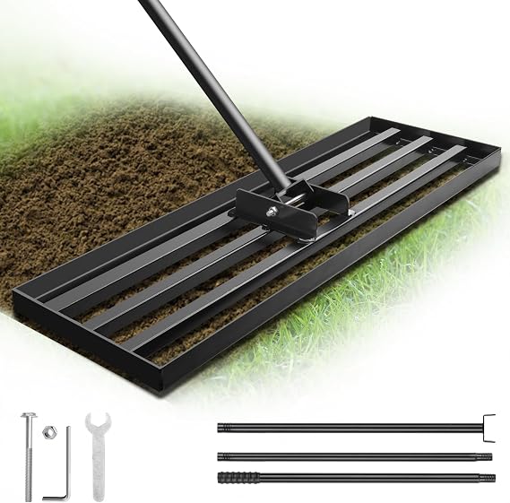 Lawn Leveling Rake for Yard Soil with 7 Feet Adjustable Handle Lawn Leveler, Heavy Duty Yard Leveling Rake Tool Anti-Flip for Soil Golf Courses/Yard Rakes for Lawns (17"x10" rake)