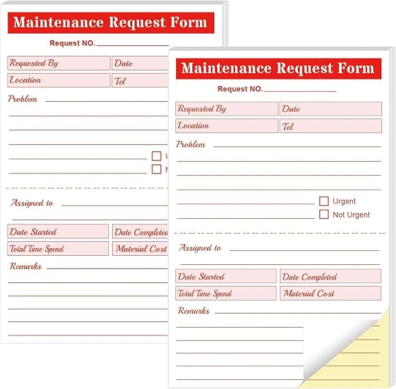 Maintenance Request Book Forms 2 Part Carbonless Maintenance Request Forms