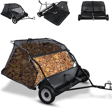 44" Lawn Sweeper Tow Behind, Heavy Duty Adjustable Height & 25Cu Ft Hopper Universal Tractor Attachment for Leaves Grass Debris with Dump Rope & Rubber Wheels, Lawn and Yard Cleanup Tool