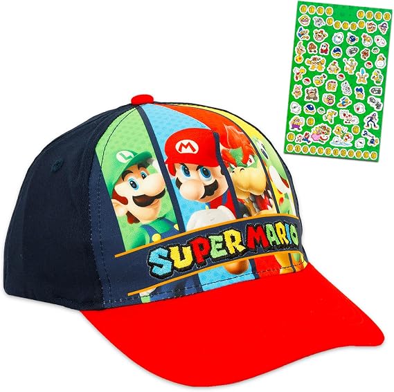 Super Mario Bros. Baseball Hat Set - Bundle of Mario and Luigi Baseball Cap for Kids Plus Stickers | Headwear for Boys Age 6-8