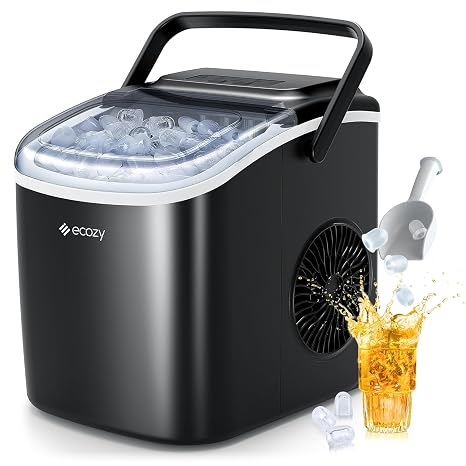 ecozy Ice Maker Machine Countertop, 12KG/24H, 2 Sizes of Ice | 9 Ice/ 6 Mins, Ice Cube Maker, Self-Cleaning, Portable with Ice Bag, Scoop, Basket, Home, Kitchen, Office, Bar, Party